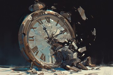 A broken clock on the floor, with its hands and face shattering into pieces against a black background, symbolizing time passing away or breaking down. 