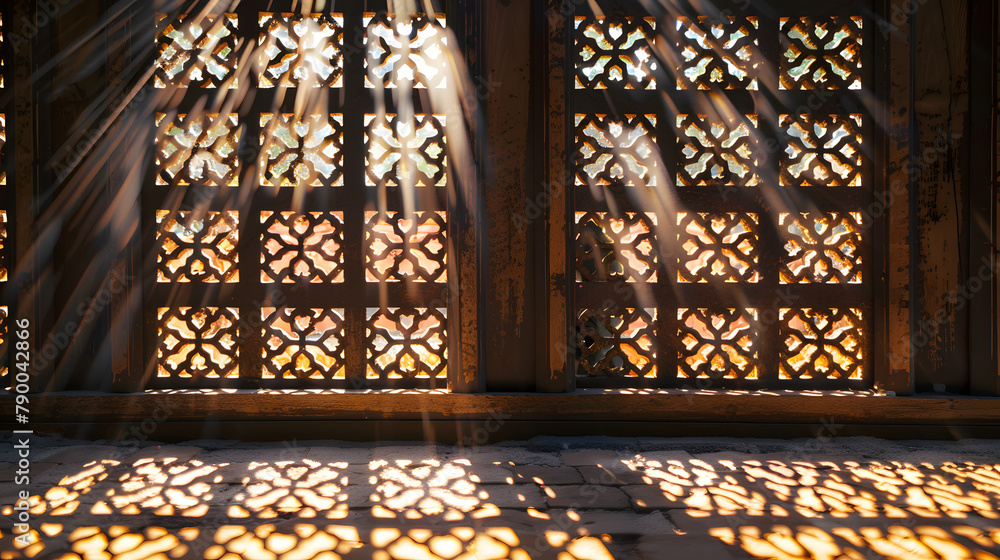 Aufkleber warm sunlight filters through lattice, creating a pattern of shadows on a textured wall with subtle 