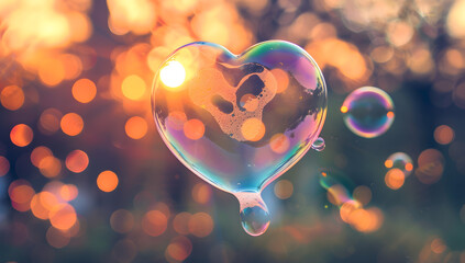 A heart shape soap bubble floating with sunset on background.