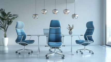 Three office chairs in blue and white tones, with an empty table between them. The background is pure white, with hanging light fixtures above the table. Generative AI.