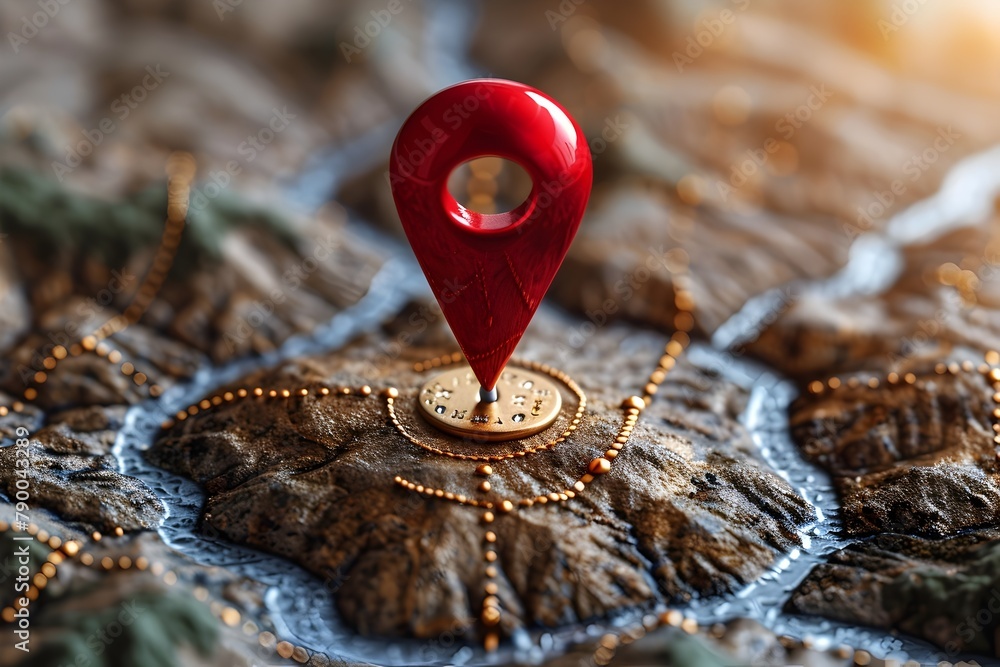 Poster red gps navigation pointer on topographical map