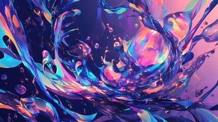 An artistic 2D illustration capturing the mesmerizing dance of colorful liquid droplets suspended in the air creating a vibrant and uniquely chaotic backdrop - obrazy, fototapety, plakaty