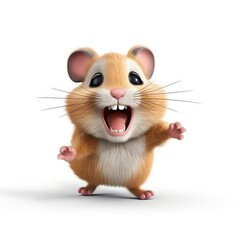 A cute cartoon hamster, standing on its hind legs, with its mouth open in a surprised expression.