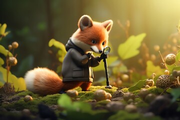 Fototapeta premium A cute cartoon fox wearing a brown coat is holding a magnifying glass and looking at something on the ground in a forest setting.