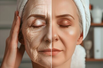 Remarkable Skin Transformation Dramatic Before and After Showing Youthful Glow and Reduced Wrinkles in Caucasian Woman s Face Portraits - obrazy, fototapety, plakaty