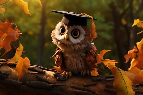 A cute owl wearing a graduation cap is sitting on a tree branch in the fall. The owl is looking at the camera with a curious expression. The background is a blur of fall leaves.