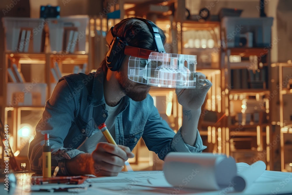 Poster engineer examining intricate 3d building model hologram with vr glasses and tools in workspace