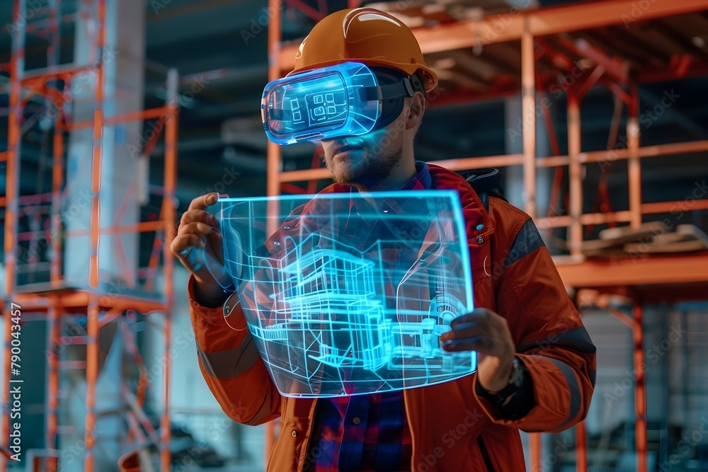 Aufkleber engineer examining intricate 3d building hologram with vr glasses and blueprints in modern workspace