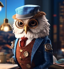 A dapper owl in a monocle meticulously reviewed blueprints, his keen eyes analyzing the plans for a new, multistory treehouse complex - obrazy, fototapety, plakaty