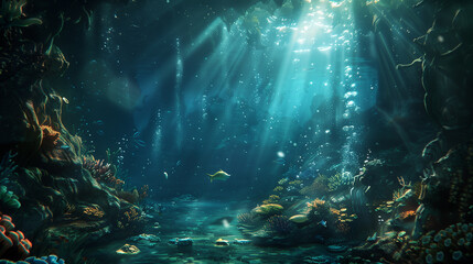 Fototapeta na wymiar A deep blue ocean with a fish swimming in it