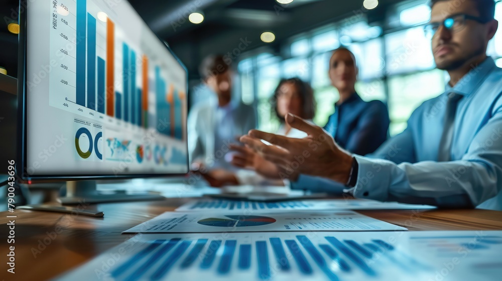 Aufkleber corporate team discussing on charts and presentations, business team analyzing financial data inside