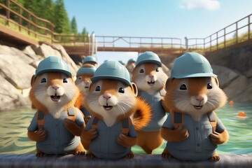 A group of happy cartoon chipmunks wearing hard hats and carrying backpacks stand on a metal pipe in front of a weir. - obrazy, fototapety, plakaty