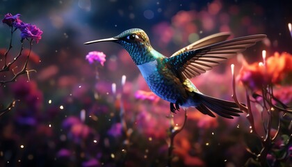 A hummingbird is flying in a garden full of flowers. - obrazy, fototapety, plakaty