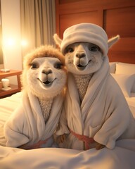 Naklejka premium A llama couple wearing bathrobes are sitting on a bed smiling at the camera.