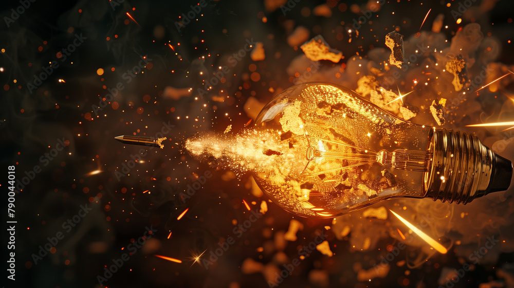 Poster a light bulb is surrounded by a cloud of debris, including bullets. the scene is chaotic and violent