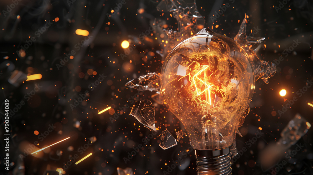 Poster a light bulb is surrounded by a cloud of debris, including bullets. the scene is chaotic and violent