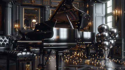 Black closed piano with black shine color, decorated balloons bouquet silver and black on a luxury...