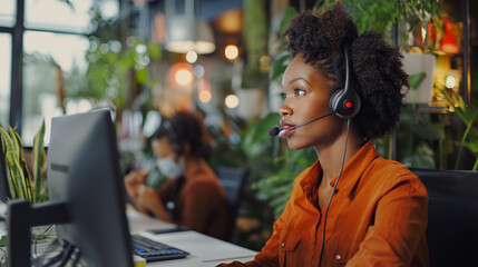 A call center agent multitasking efficiently to address multiple inquiries. Compassion, help, professionalism, team