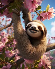 Naklejka premium A photo of a sloth hanging from a branch of a cherry blossom tree.