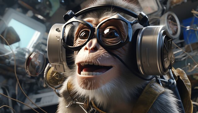 A photo of a monkey wearing headphones and glasses, sitting in a spaceship.