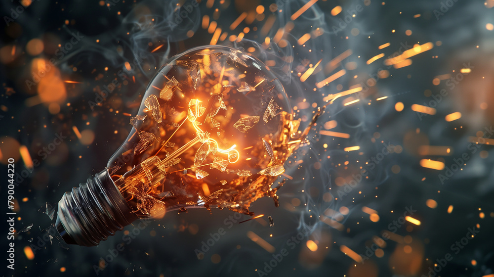 Poster a light bulb is exploding in a fiery explosion, with sparks flying everywhere. concept of chaos and 