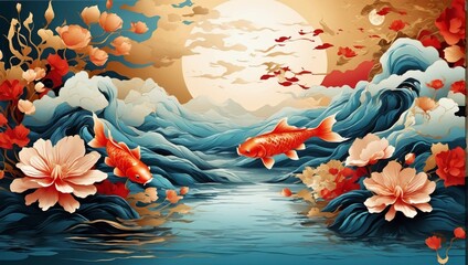 Mountain, sun and fish  background vector oriental style 