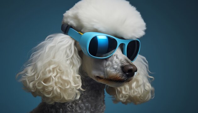 A poodle wearing blue sunglasses