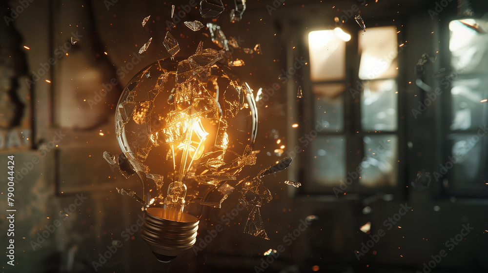 Poster a light bulb is exploding in a fiery explosion, with sparks flying everywhere. concept of chaos and 