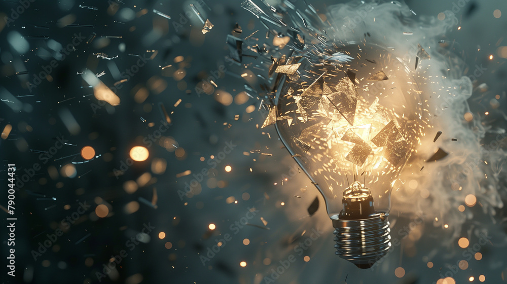 Poster a light bulb is exploding in a fiery explosion, with sparks flying everywhere. concept of chaos and 