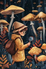Whimsical botanist with a magnifying glass clipart character exploring a magical mushroom forest. - obrazy, fototapety, plakaty