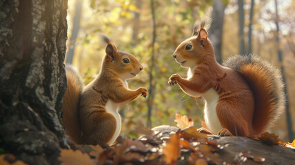 Two brown squirrels are chatting under the tree. - obrazy, fototapety, plakaty