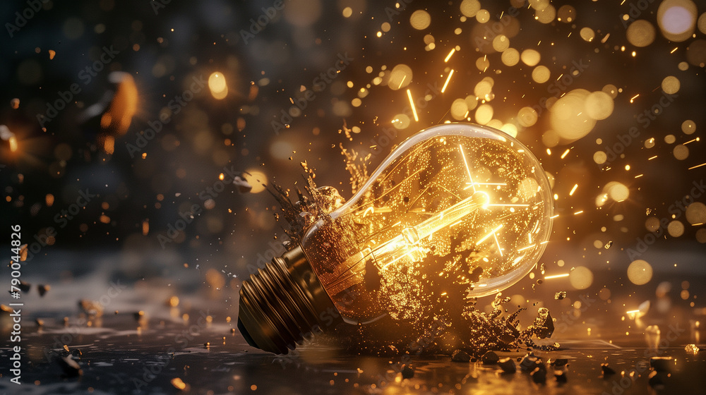 Poster a light bulb is exploding in a fiery explosion, with sparks flying everywhere. concept of chaos and 