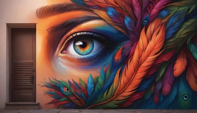 A close-up of a human eye surrounded by vibrant, colorful feathers and leaves in shades of orange, red, blue, and green. The eye is piercing and intense, with detailed iris and eyelashes. The backgrou