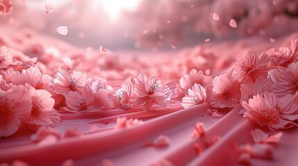 The ground is completely covered with cherry blossom petals, resembling soft, rolling hills. The petals are in various shades of delicate pink. Generative AI.