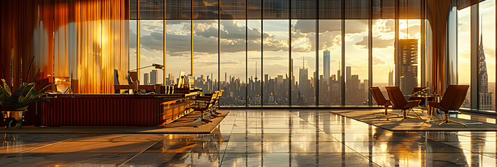 New York City Skyline at Sunset, Panoramic View of Manhattans Skyscrapers Reflecting Evening Light