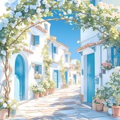 Fototapeta na wymiar Walk Down a Secluded European Lane, Past Cement-Covered Houses Laced with Green Vines and Pink Bougainvillea