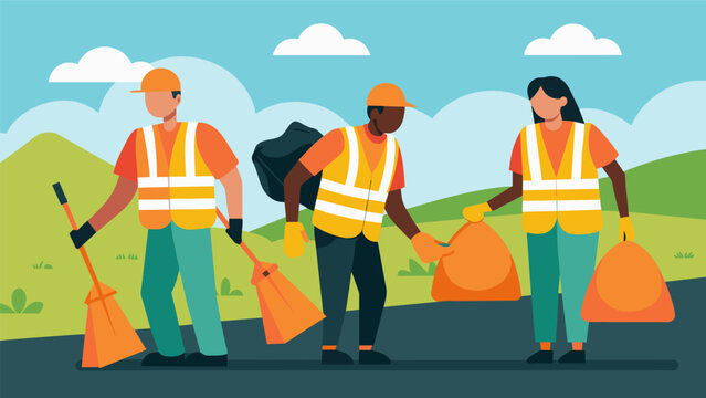 Dressed in bright orange vests volunteers picked up litter along a highway as part of a roadside cleanup project. They took pride in