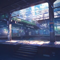 Empty Train Station Platform at Sunrise, Perfect for Urban Scenes and Transit Themes - obrazy, fototapety, plakaty