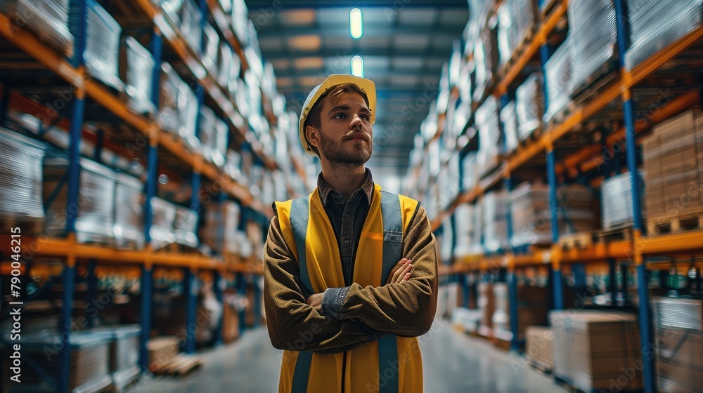 Poster Warehouse worker standing back. He is located in the center of the frame. Generative AI.