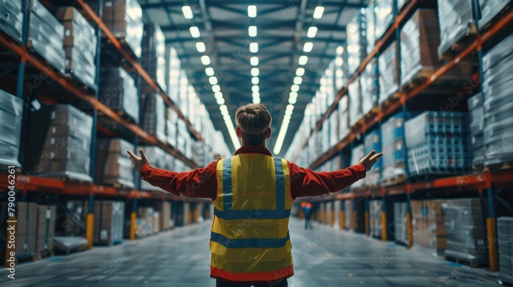 Poster Warehouse worker standing back. He is located in the center of the frame. Generative AI.
