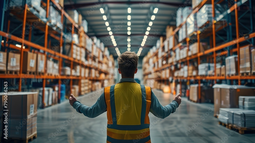Leinwandbilder warehouse worker standing back. he is located in the center of the frame. generative ai.