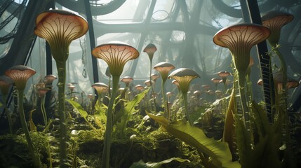 Photo of a jungle with glowing pitcher plants - obrazy, fototapety, plakaty