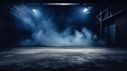 Empty warehouse interior with smoke, fog and lights.