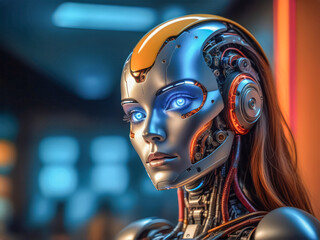 Beautiful humanoid robot. Cyberpunk robot woman