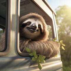 Fototapeta premium Photo of a sloth hanging out the window of a van