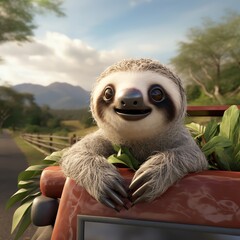 Naklejka premium Photo of a sloth driving a red convertible, 4k