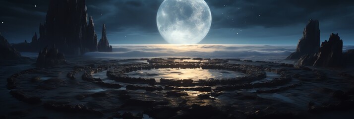 The moon is rising over the cratered surface of an alien planet. - obrazy, fototapety, plakaty