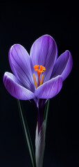 Close-up view of crocus flower isolated on black background.