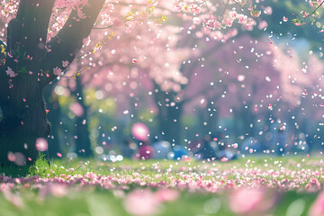 Des cerisiers en fleurs avec des pétales flottants dans l'air - obrazy, fototapety, plakaty