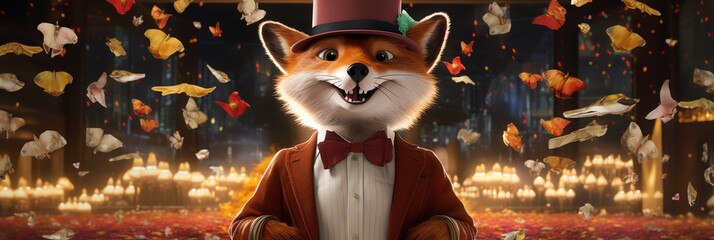 Fototapeta premium A red fox wearing a top hat and bow tie, standing in a dimly lit room with candles and butterflies.
